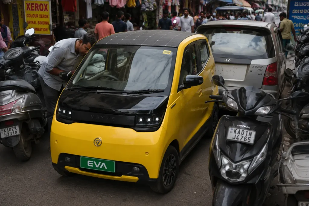 Vayve Eva compact size and easy parking in crowded city streets