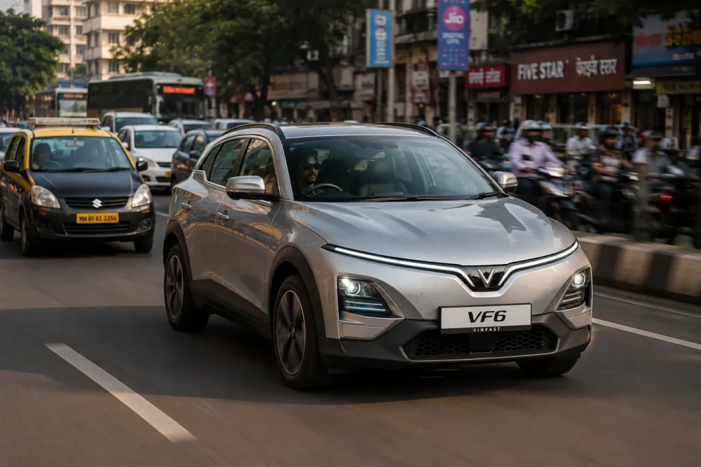 VinFast VF6 driving in Indian city traffic