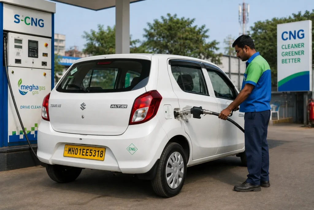 Alto Tour H1 S-CNG variant being refueled at a CNG station