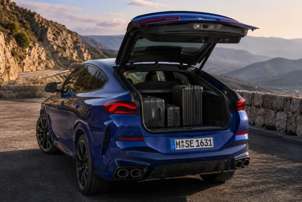 BMW X6 M60i boot space with powered tailgate open