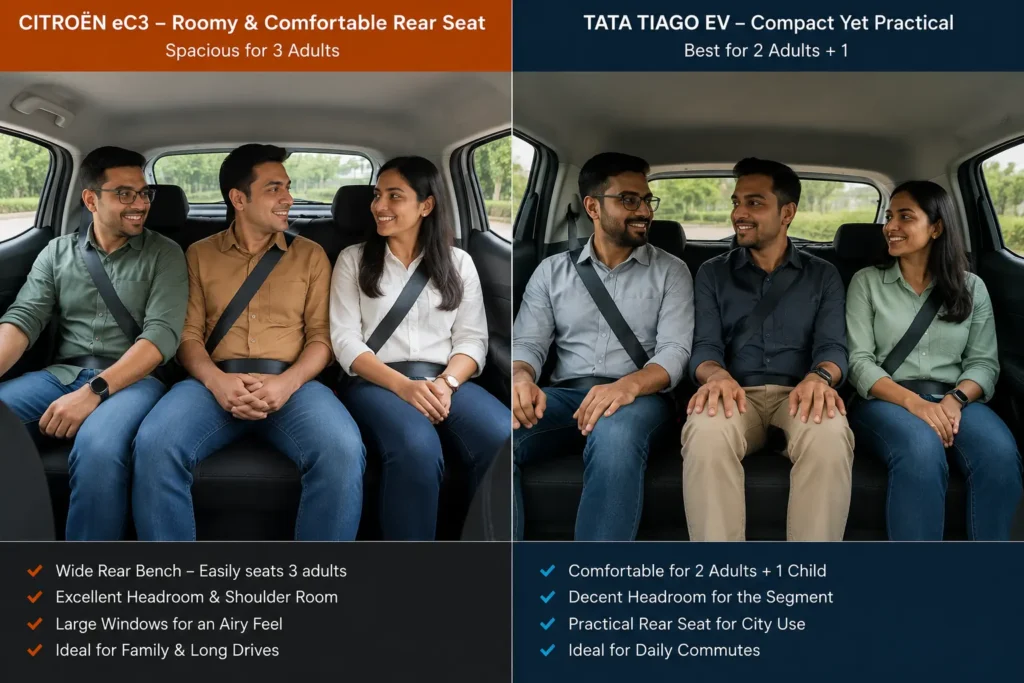 Rear-seat space comparison highlighting Citroen eC3 cabin advantage