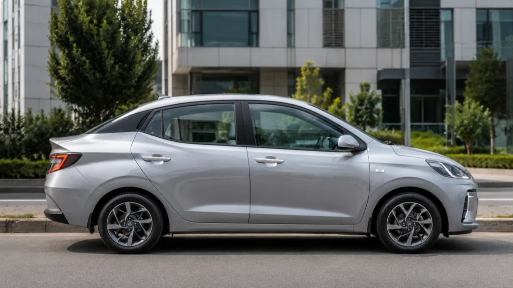 Hyundai Aura side profile highlighting compact sedan proportions and aerodynamic design