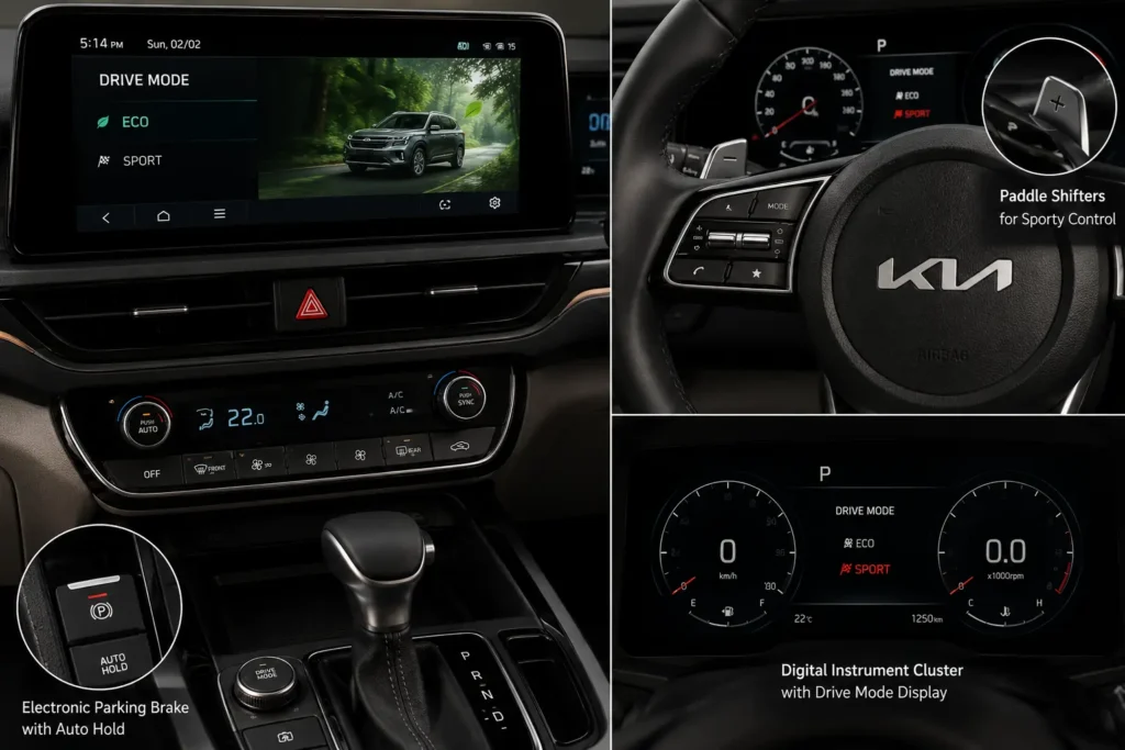 Kia Seltos automatic transmission features including EPB and paddle shifters