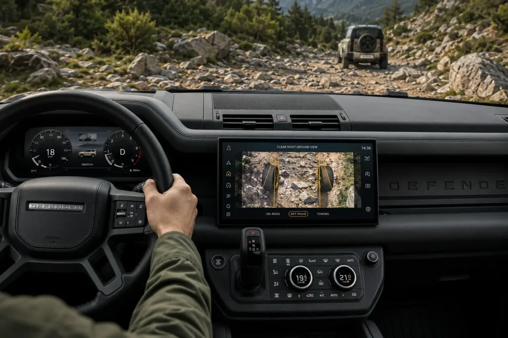 Land Rover Defender ClearSight Ground View displaying terrain beneath the vehicle