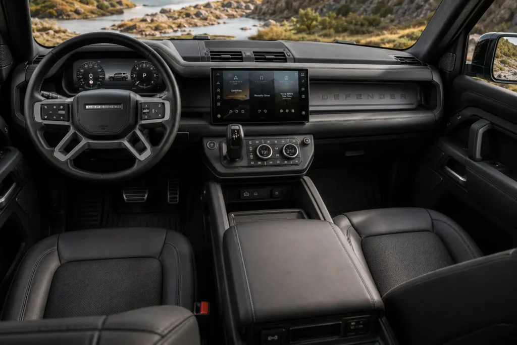 Land Rover Defender interior with 11.4-inch Pivi Pro touchscreen and exposed cross-car beam