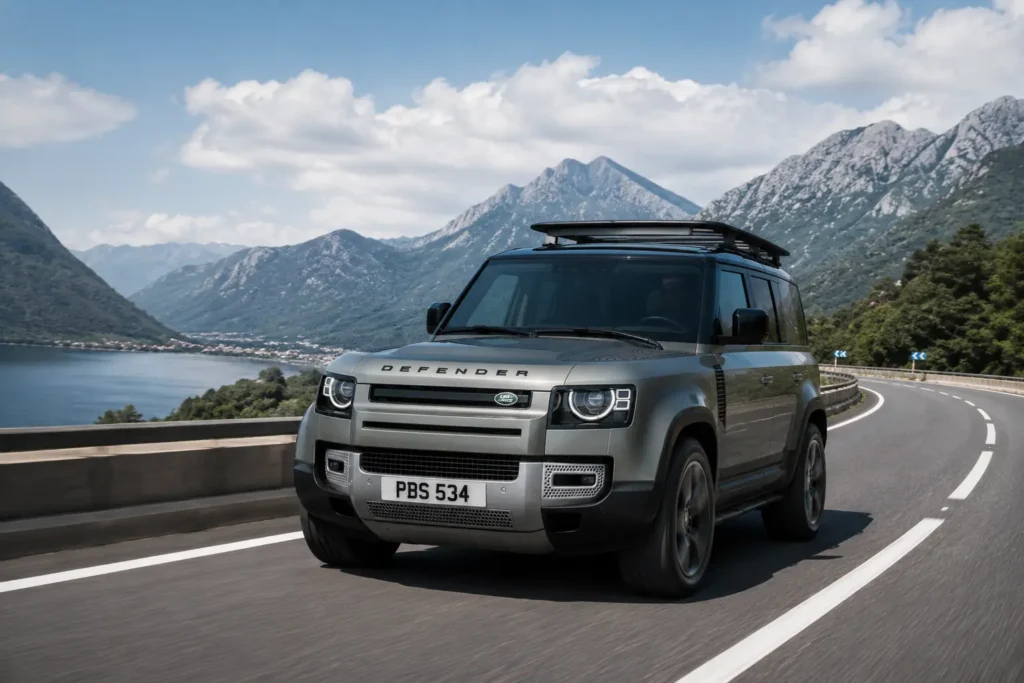 Land Rover Defender 110 cruising comfortably on a highway