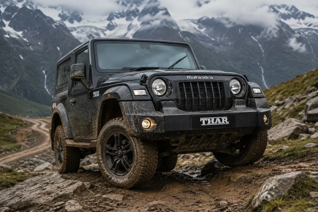 Mahindra Thar showcasing off-road capability on rocky terrain