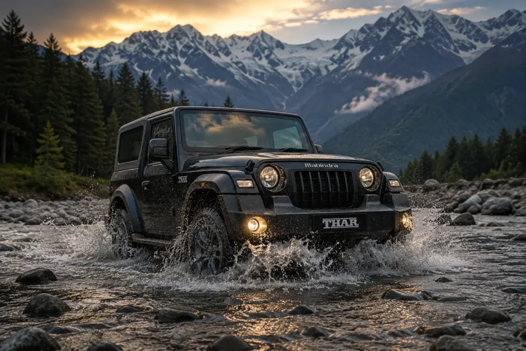 Mahindra Thar crossing water during an off-road adventure
