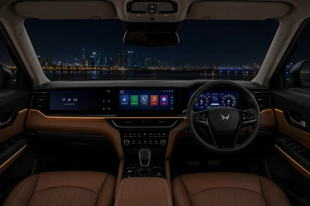 Triple-screen dashboard inside the Mahindra XUV 7XO