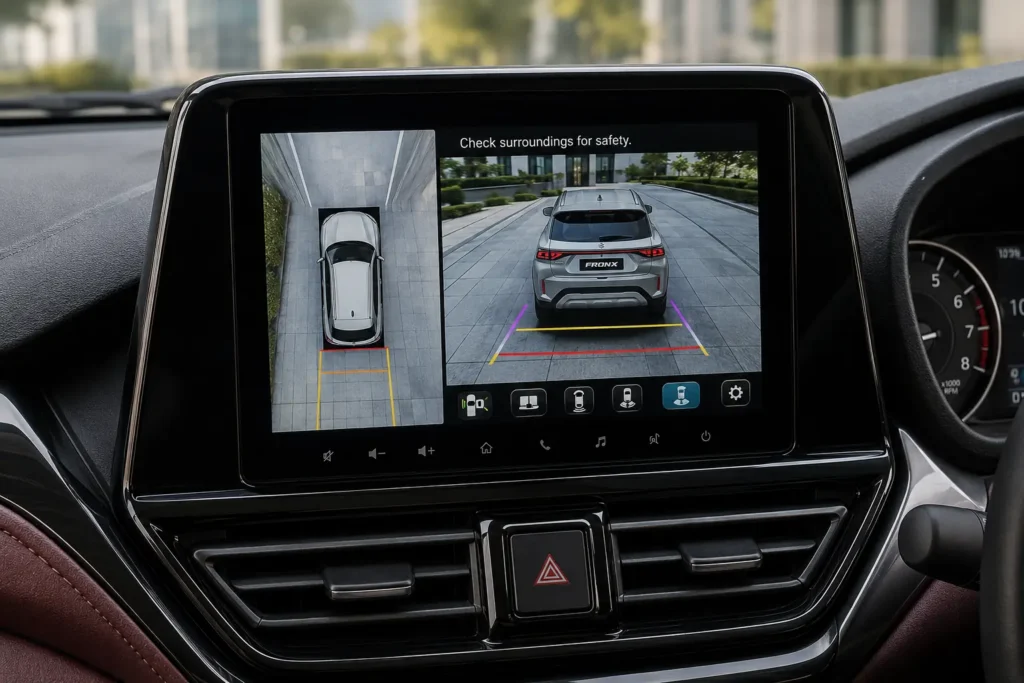 Fronx infotainment system showing the 360-degree camera display
