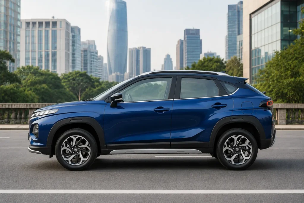 Side profile of the Maruti Suzuki Fronx highlighting its coupe-inspired roofline and crossover stance