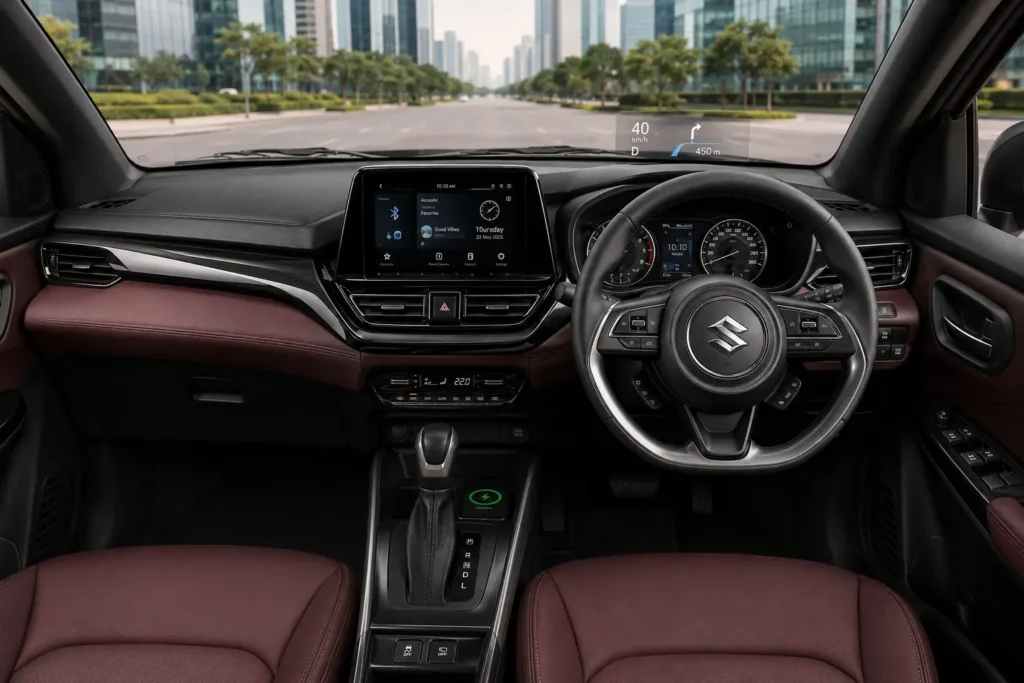 Fronx dashboard featuring the 9-inch touchscreen, HUD, and dual-tone interior theme
