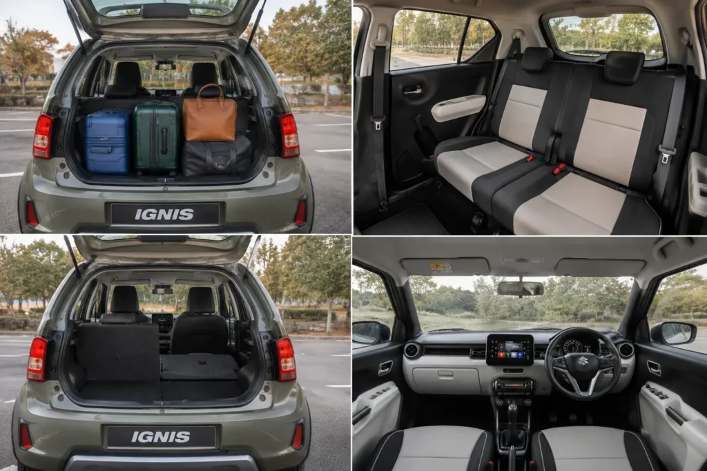 Maruti Ignis rear seats and luggage area showing practical cargo space and tall cabin design
