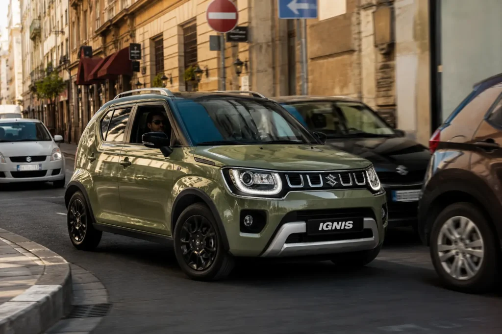 Maruti Ignis driving through narrow city streets highlighting compact size and maneuverability
