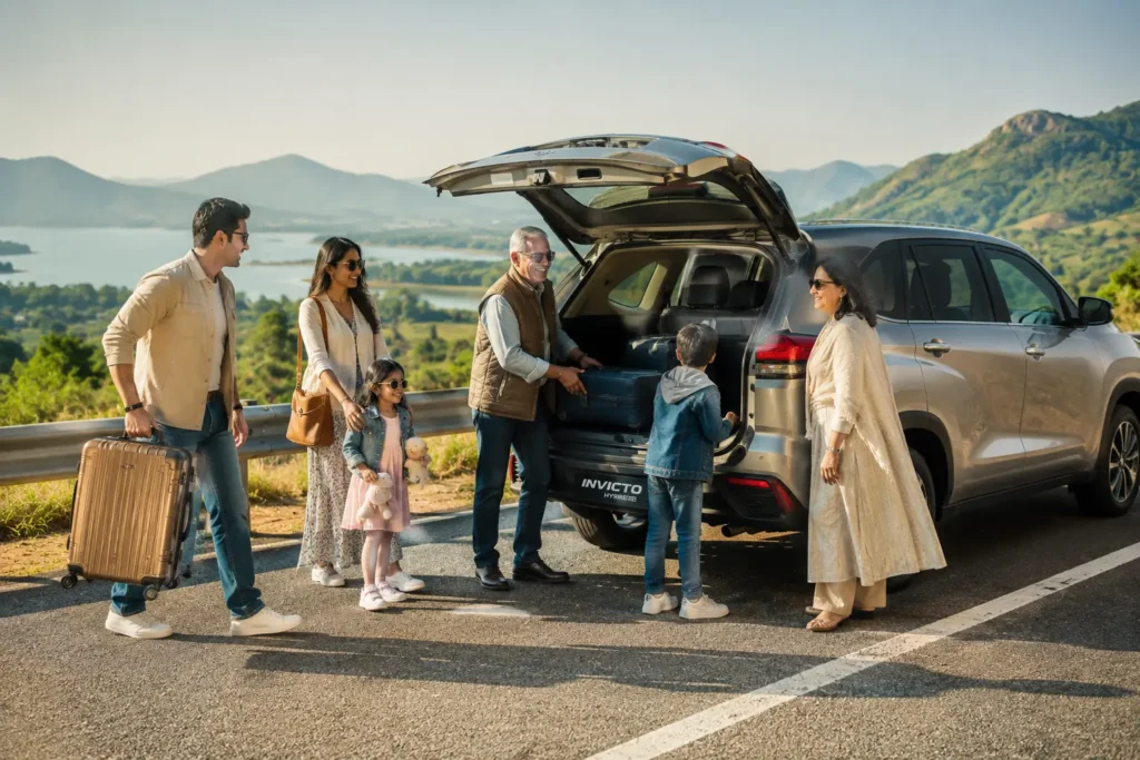 Family loading luggage into a Maruti Suzuki Invicto before a long road trip