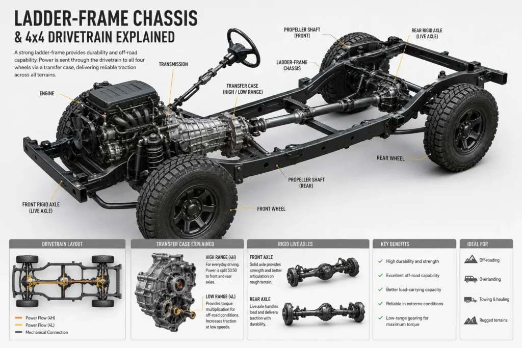 Illustration of Maruti Jimny ladder-frame chassis, solid axles and ALLGRIP PRO four-wheel-drive system