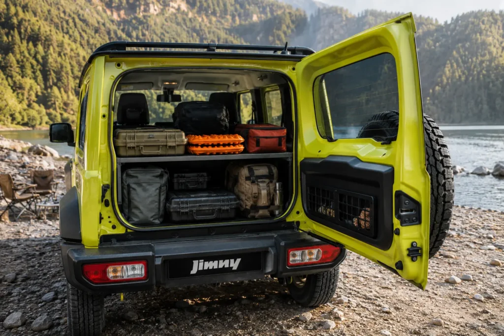 Maruti Jimny cargo area loaded with camping equipment and outdoor adventure gear