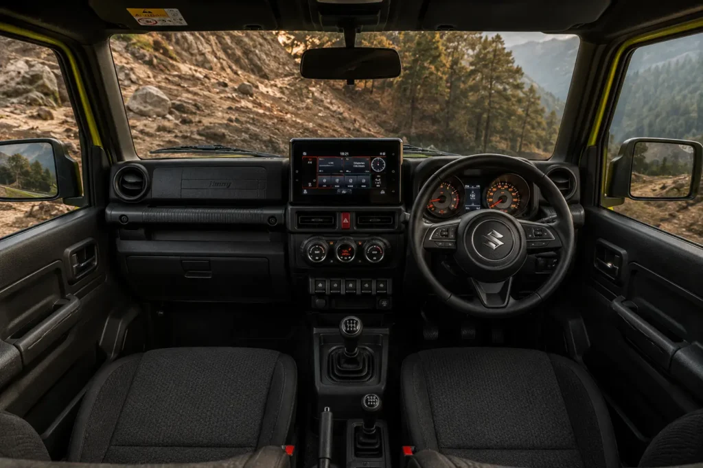 Maruti Jimny interior with touchscreen infotainment system, rugged controls and driver-focused dashboard