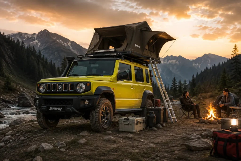 Maruti Jimny parked at a remote campsite during an overlanding adventure