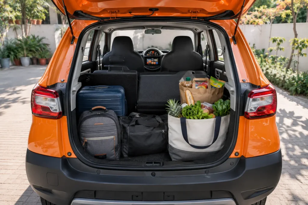 Maruti S-Presso rear hatch open showing compact boot space with folded rear seats and luggage