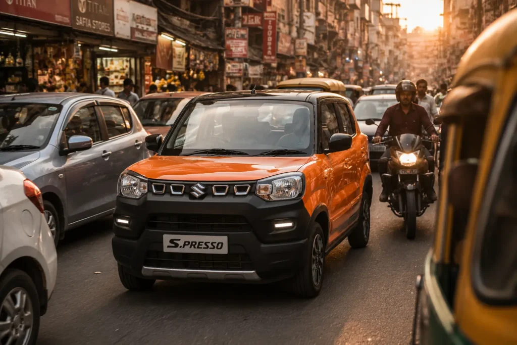 Maruti S-Presso navigating narrow congested city streets showing compact size and tall stance