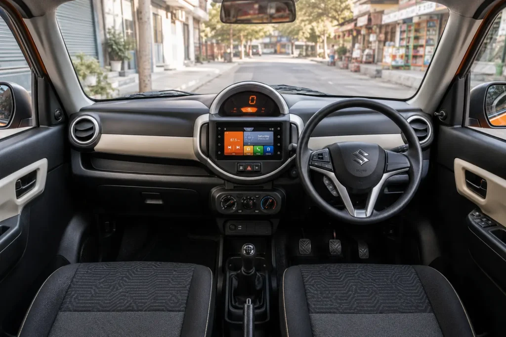 Maruti S-Presso interior showing central mounted digital speedometer and touchscreen infotainment system