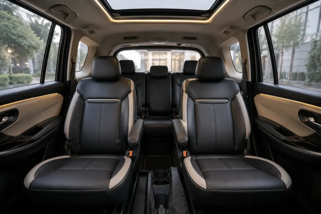 Maruti XL6 interior showing dual captain seats in second row with premium upholstery