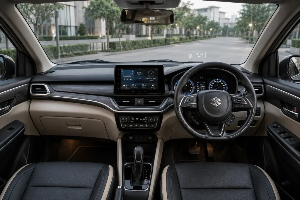 Maruti XL6 dashboard with touchscreen infotainment system, steering controls and HUD feel