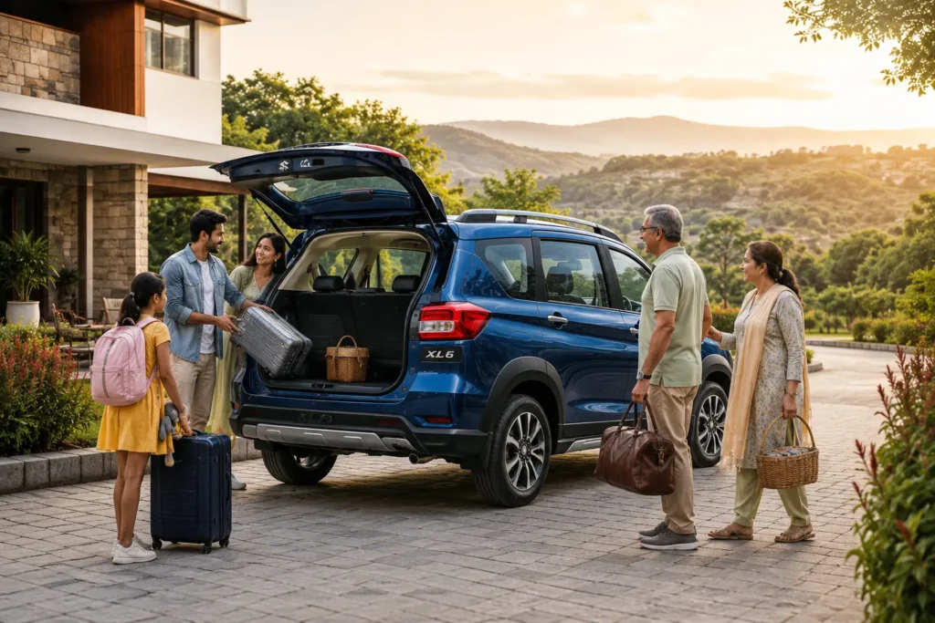 Happy family loading luggage into Maruti XL6 before long road trip