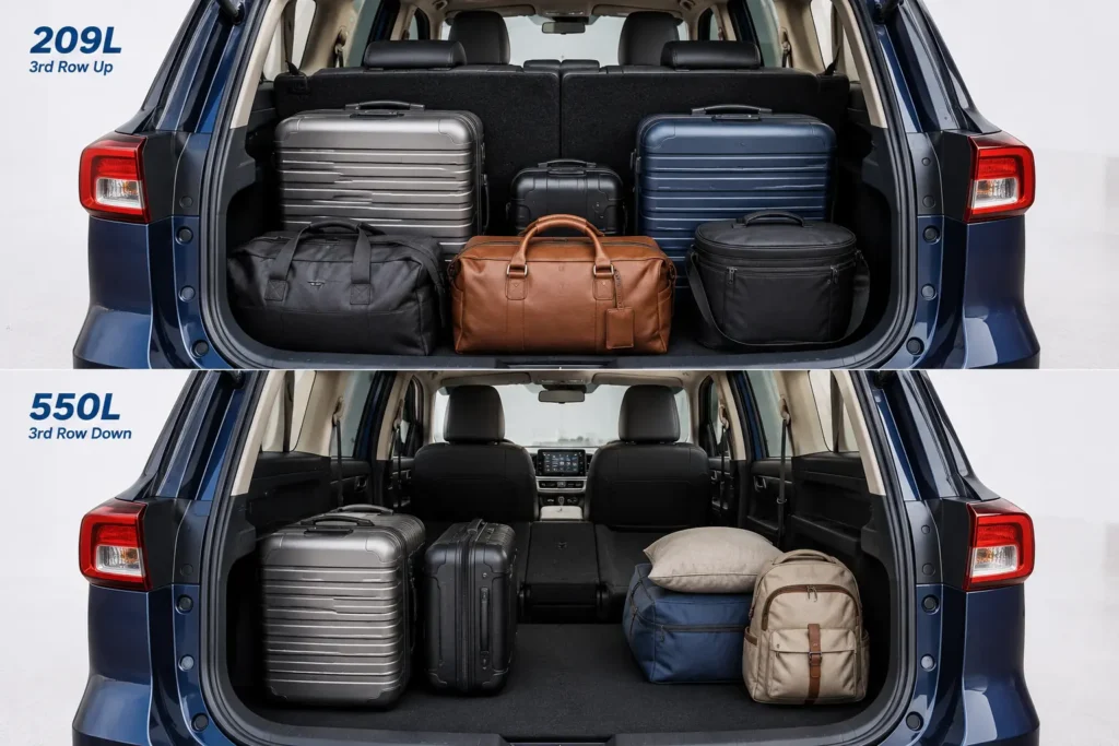 Maruti XL6 third row seats and boot space showing luggage storage capability