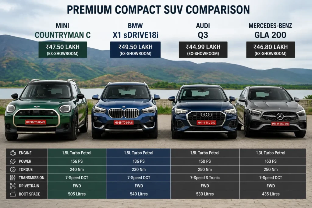 MINI Countryman C compared with BMW X1 Audi Q3 and Mercedes-Benz GLA