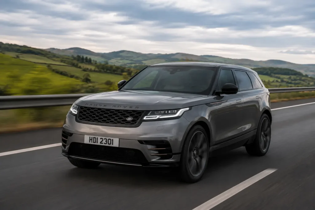 Range Rover Velar demonstrating adaptive air suspension on a smooth highway