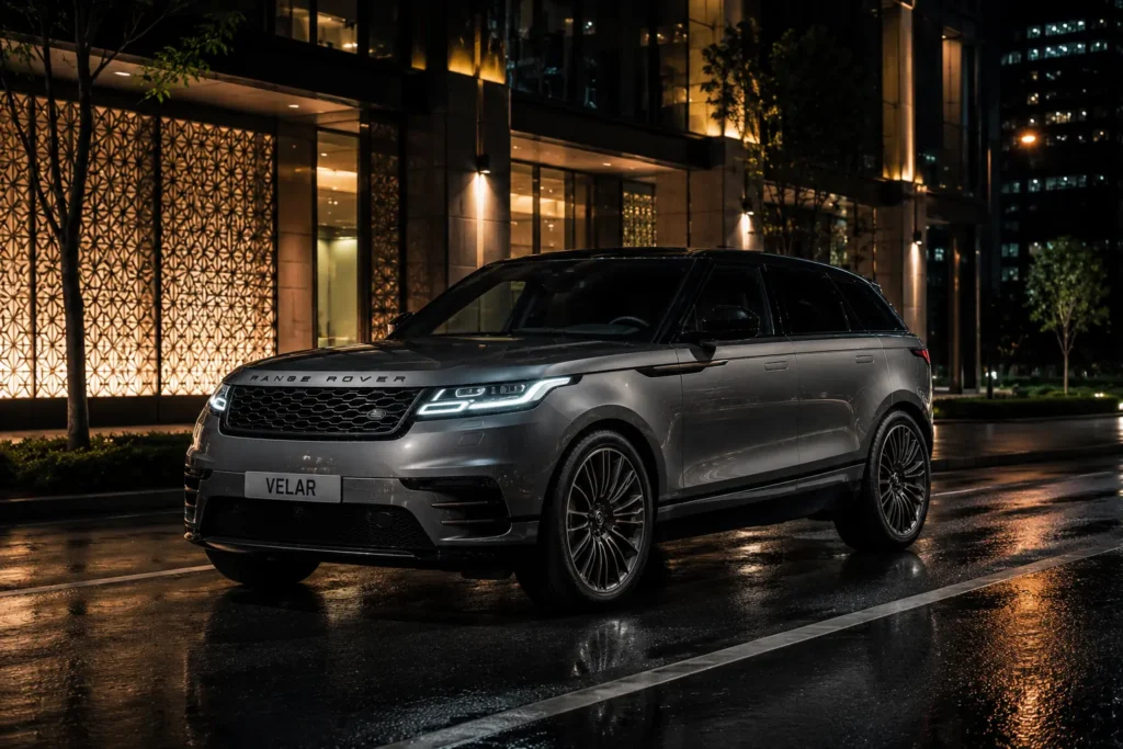 Range Rover Velar illuminated at night displaying premium luxury SUV styling
