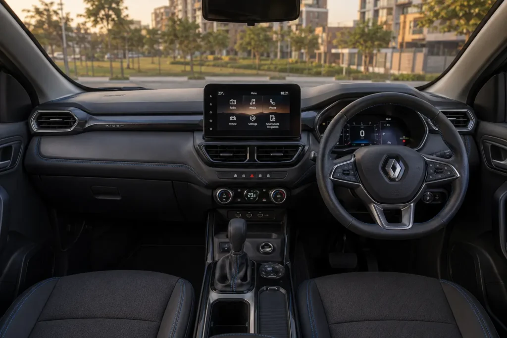 Renault Kiger dashboard with touchscreen infotainment and digital instrument cluster