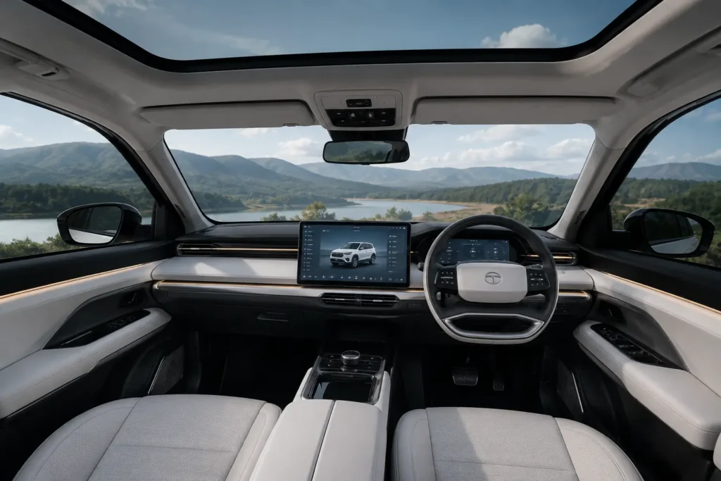 Tata Sierra EV interior with dual screens and panoramic sunroof