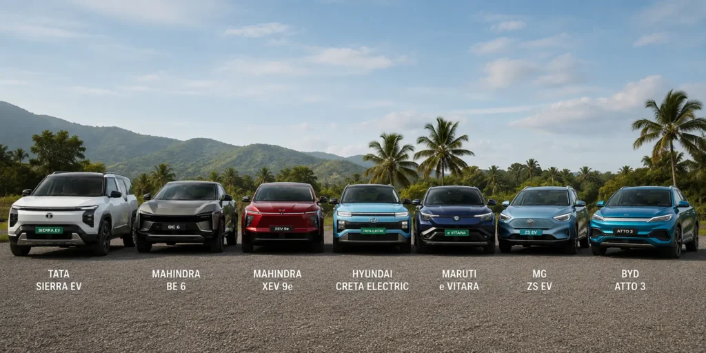 Tata Sierra EV compared with Mahindra BE 6, XEV 9e, Creta Electric, e Vitara, MG ZS EV and BYD Atto 3