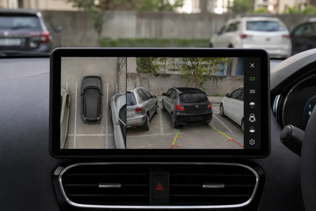 360-degree camera system assisting with parking in the Tata Tiago Creative Plus