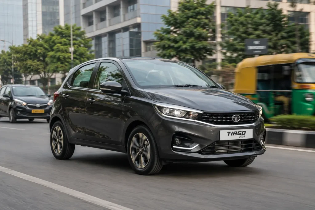 Tata Tiago Creative Plus demonstrating agile city driving and maneuverability