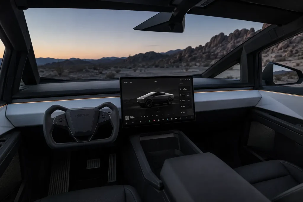 Tesla Cybertruck interior with touchscreen and yoke steering wheel