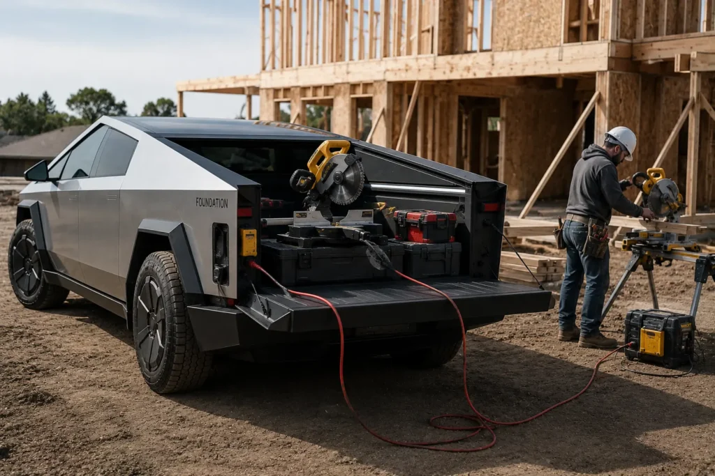 Tesla Cybertruck Powershare utility outlets powering tools