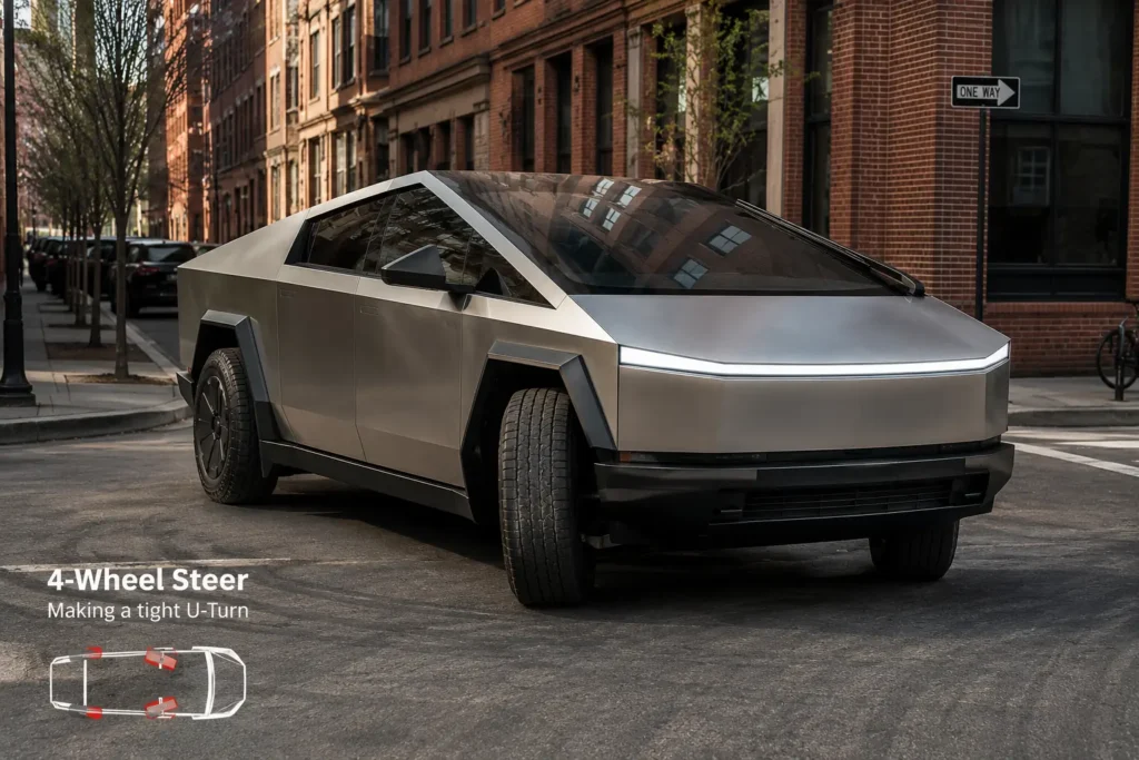 Tesla Cybertruck steer-by-wire turning radius demonstration