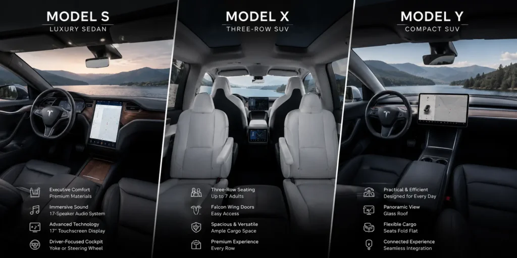 Interior and seating comparison of Tesla Model S, X, and Y