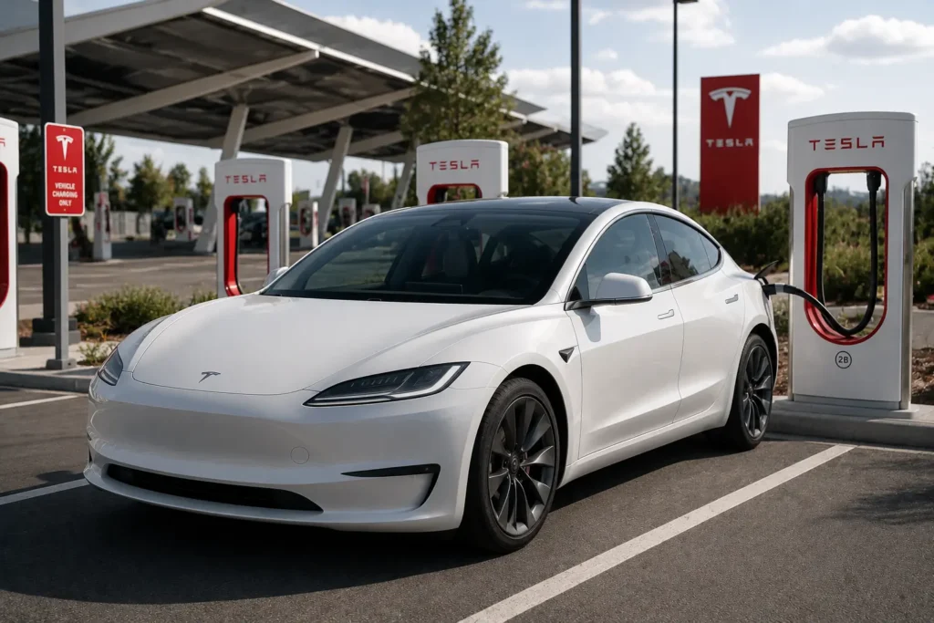 Tesla Model 3 charging at Tesla Supercharger station