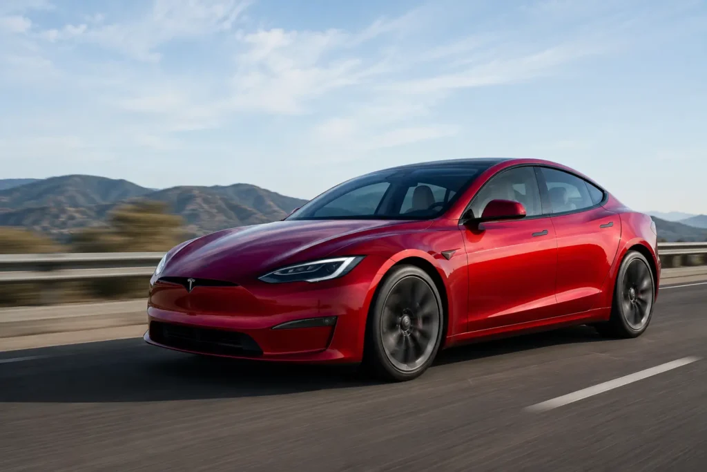 Tesla Model S aerodynamic luxury sedan on highway