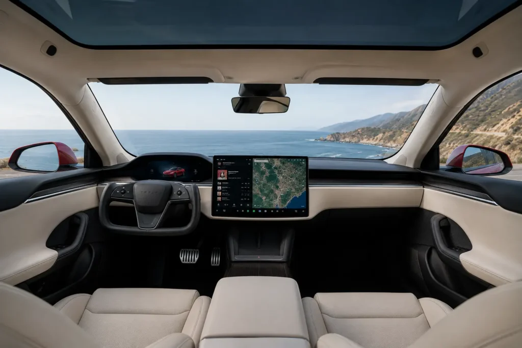 Tesla Model S interior with touchscreen and steering yoke