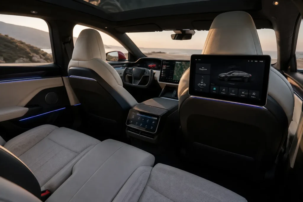 Tesla Model S premium luxury interior and rear entertainment screen