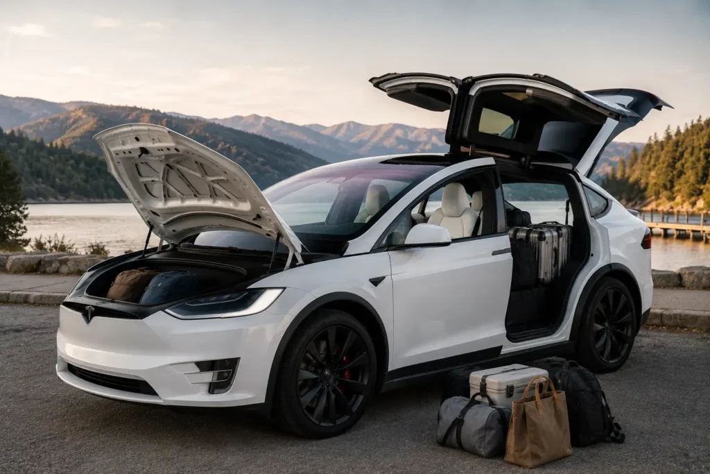 Tesla Model X cargo space with folded seats and frunk