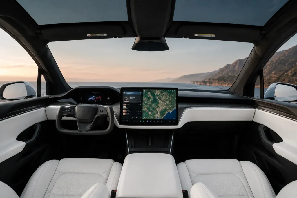 Tesla Model X interior with touchscreen and panoramic windshield