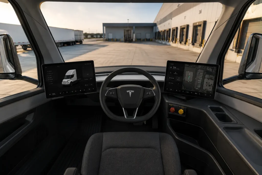 Tesla Semi cabin with center driving position and dual displays
