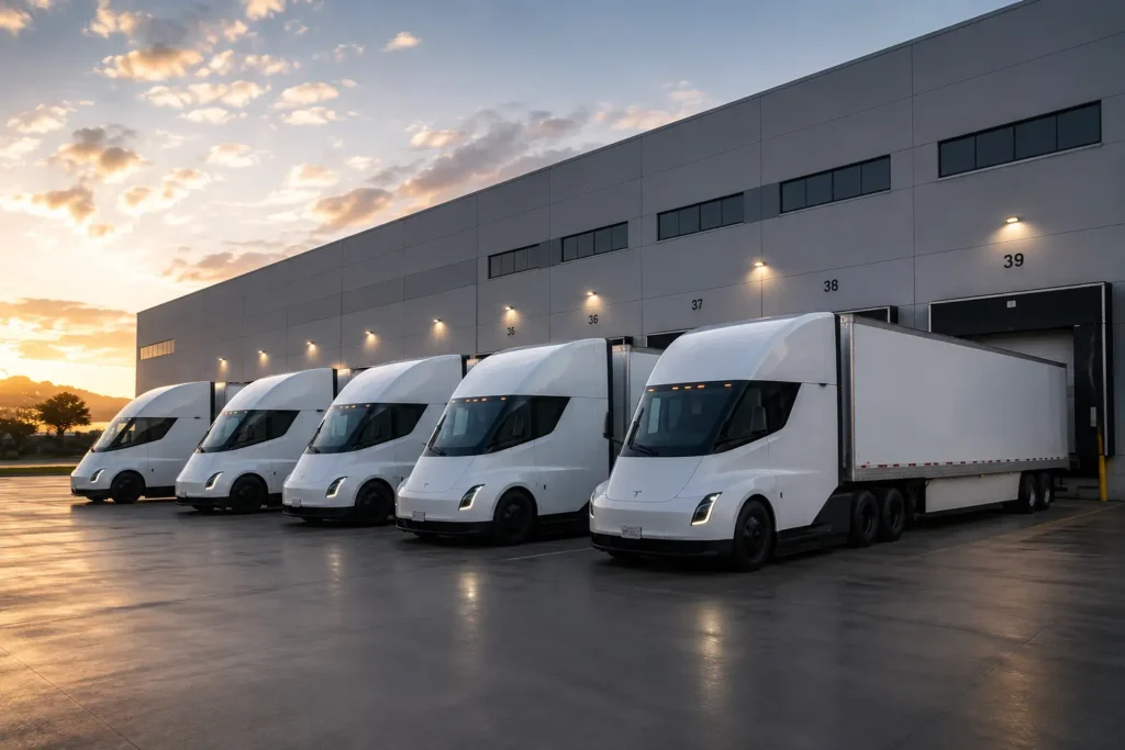 Fleet of Tesla Semi electric trucks at a logistics center
